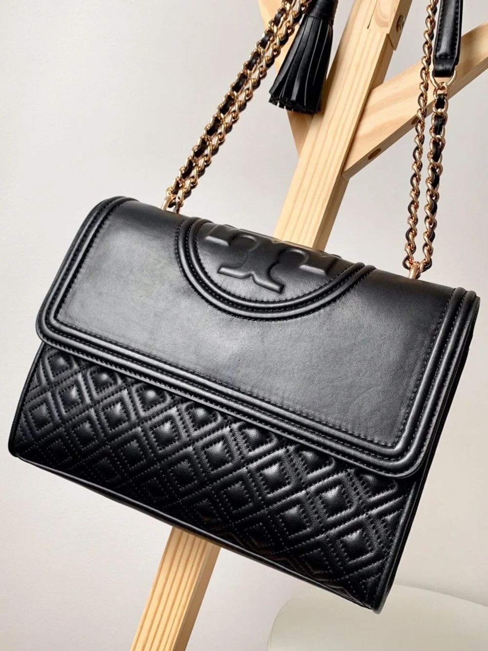 Tory Burch Black Quilted Leather Shoulder Bag with Chain Strap